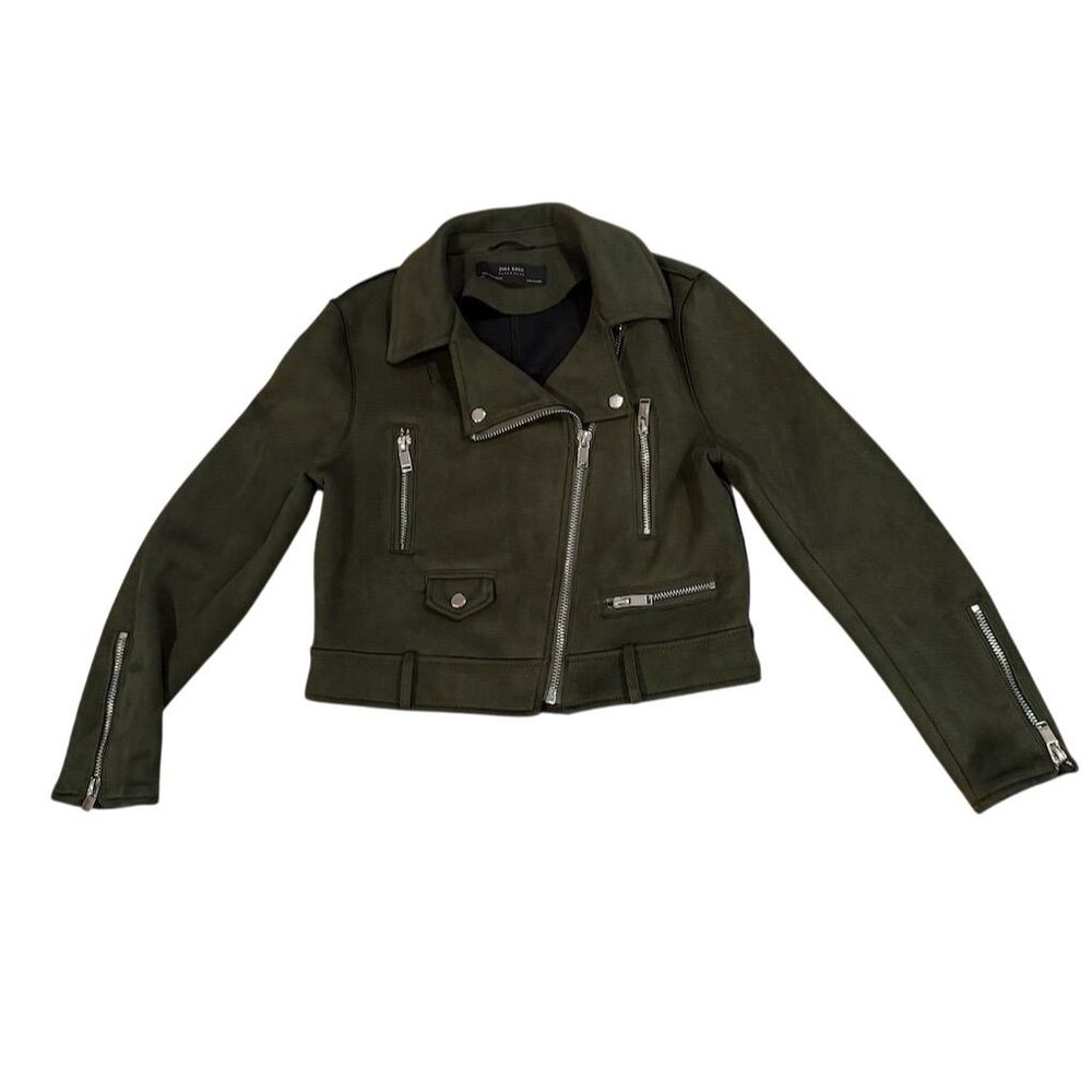 Zara Women's Olive Green Faux Suede Biker Jacket Size M